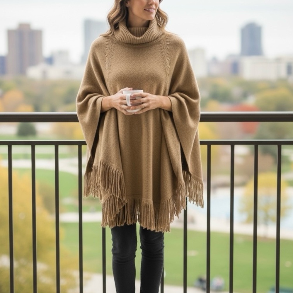Novica Alpaca Knit Sweater Poncho Cape Tan Brown Pullover Fringe Peru One Size
